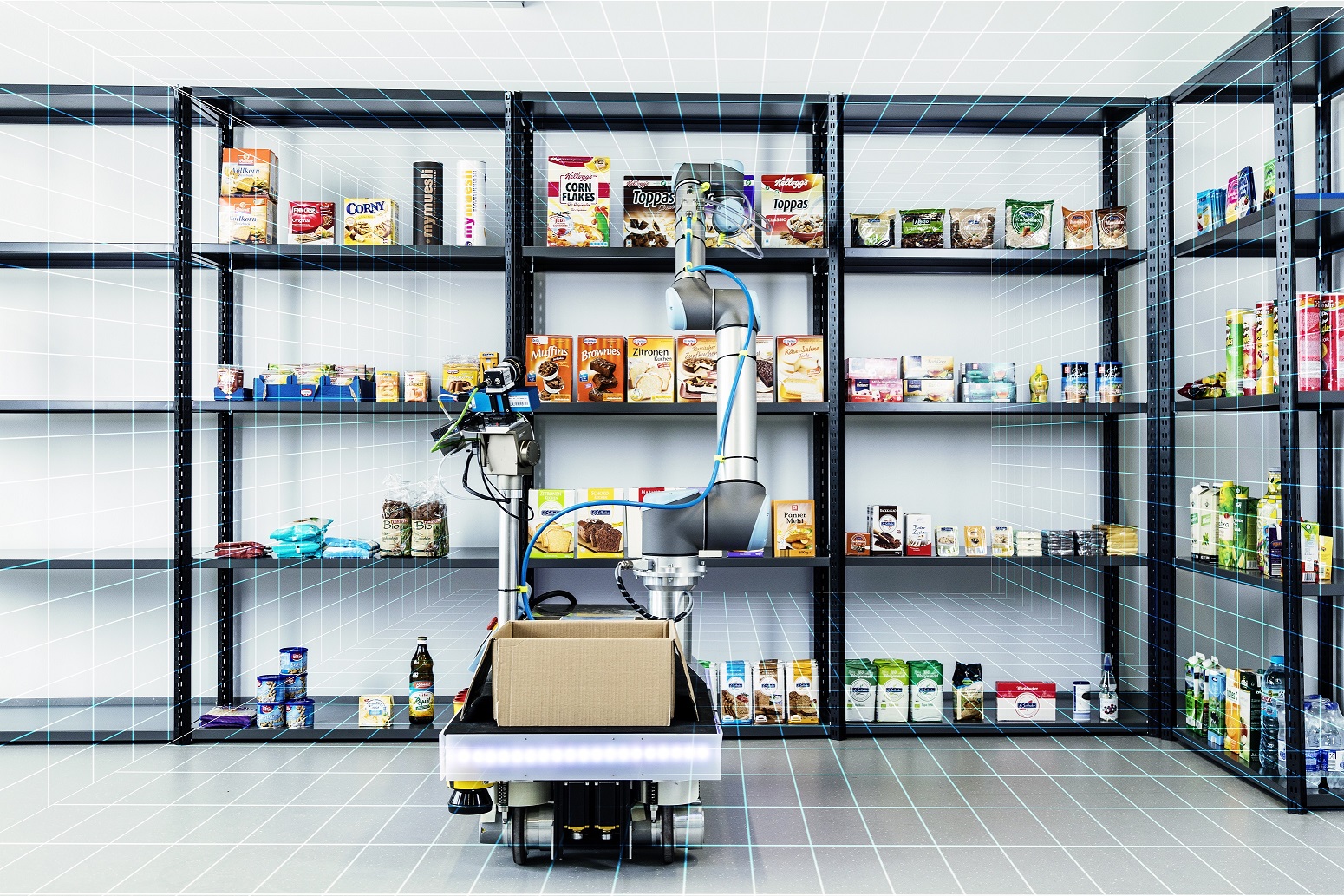 Roboter greift Produkt aus Regal