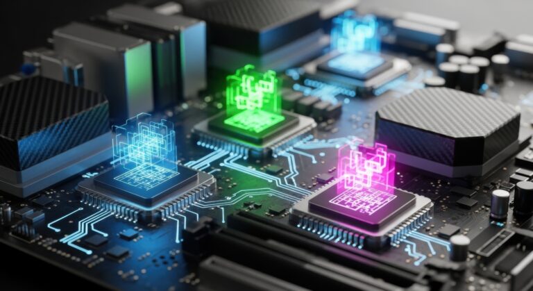 Close-up view of a complex circuit board with illuminated processors and holographic data visualizations in vibrant blue, green, and pink, representing advanced technology and data processing.