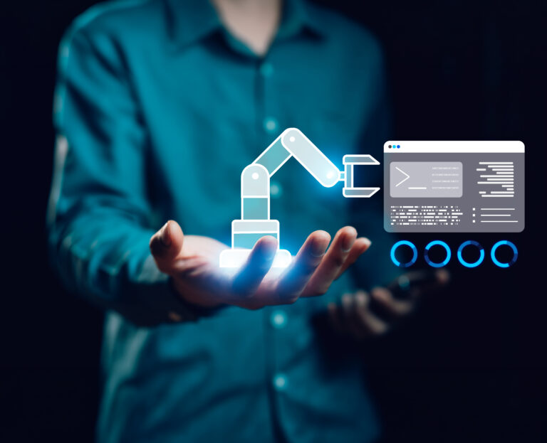 Professional developer digital robotic arm integrating agentic AI workflow, Automated coding, self-correction, multi agent systems enterprise SaaS solutions. hybrid intelligence, software development